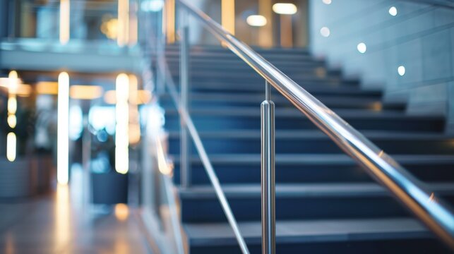 A close-up view of a modern staircase with a sleek metal railing. The stairs are illuminated by soft lighting, creating a contemporary atmosphere.