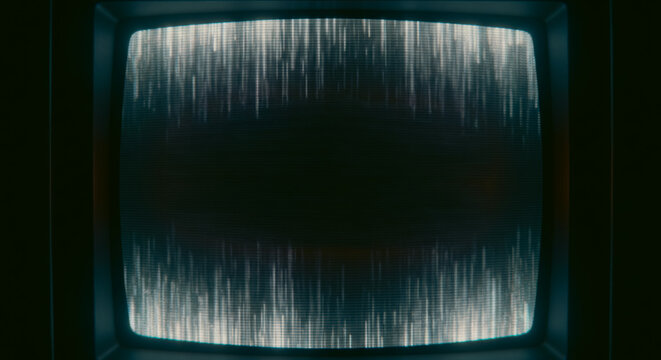 An abstract visual of a vintage television screen showcasing distorted, static interference, with vertical lines that evoke a sense of digital disruption or technical failure. 