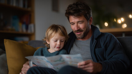 A father in a cozy living room reacting emotionally as his child hands him a handmade drawing, his expression shifting from surprise to quiet pride — family bonding, heartfelt parenting moment, and