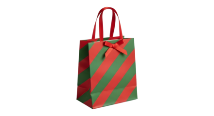 Red and green striped christmas gift bag with ribbon isolated on transparent background