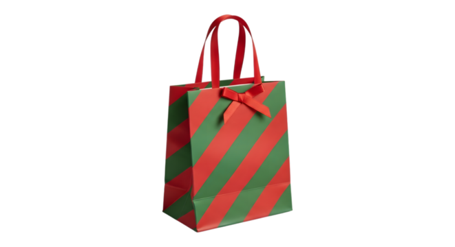 Red and green striped christmas gift bag with ribbon isolated on transparent background