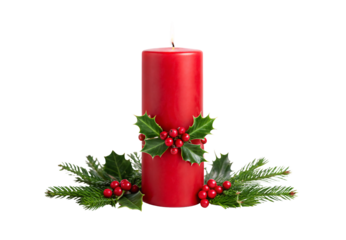 Red candle holly pine evergreen Christmas decoration centerpiece holiday, isolated on a transparent background