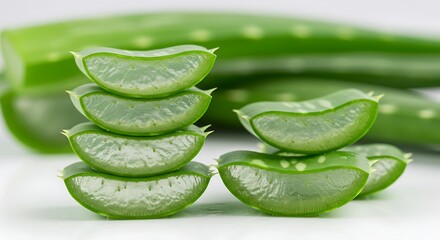 Freshly cut aloe vera slices displayed on white background