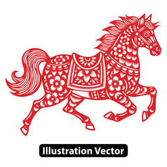 Red Chinese zodiac horse illustration in traditional paper cut style with floral patterns