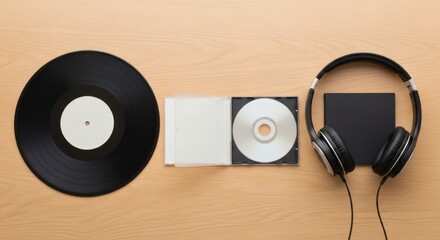 Vinyl with CD, and Headphones Music evolution on wood.