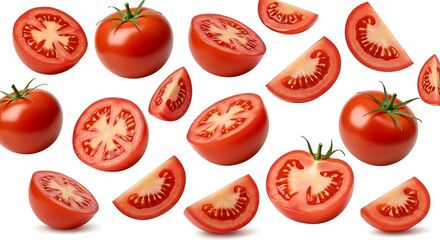 Freshly cut and whole red tomatoes with green stems arranged on a white background