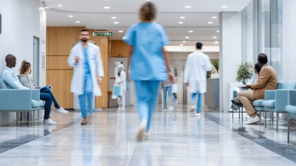 A vibrant corridor filled with medical staff moving swiftly between rooms, while visitors sit in comfortable chairs, creating a bustling yet caring atmosphere in the health clinic