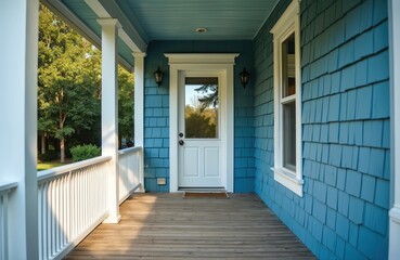 Blue house exterior welcoming covered porch. White columns support painted ceiling. Front door with glass panels invites entry to home. Natural wood flooring, classic architectural details create