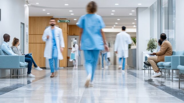 A vibrant corridor filled with medical staff moving swiftly between rooms, while visitors sit in comfortable chairs, creating a bustling yet caring atmosphere in the health clinic