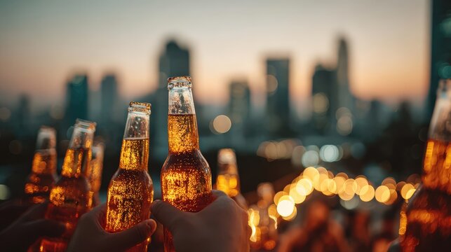 Group of people raise chilled glass beverage bottles in a toast against a twilight cityscape backdrop