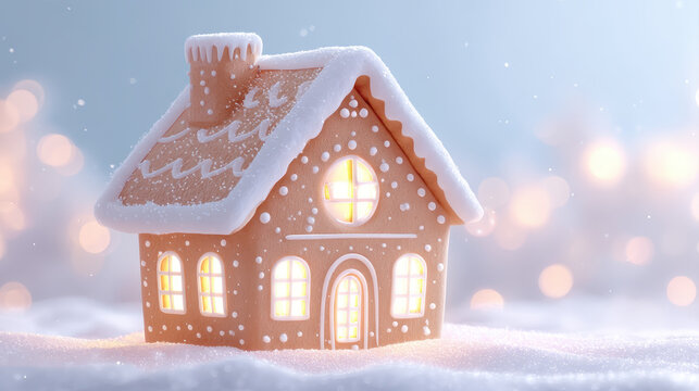 Charming gingerbread house adorned with snow creates delightful scene, evoking warmth and joy of Christmas. glowing windows add magical touch to this festive atmosphere