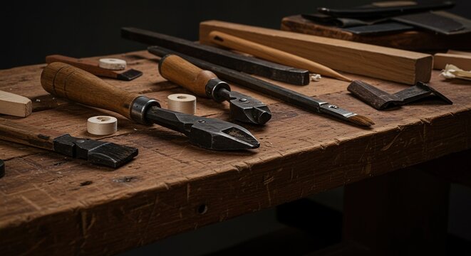 Detailed view of traditional tools and raw materials arranged on a rustic wooden workbench, ready for a creative session ,skill ,design ,workbench