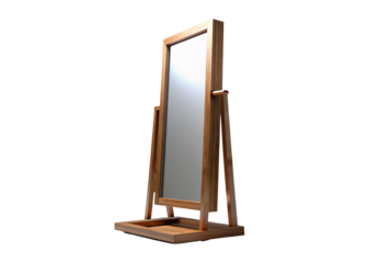 Modern wooden standing mirror with built-in storage shelf and angled frame design, isolated on a transparent background