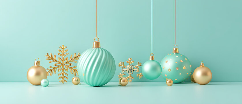 Bright and cheerful christmas decorations in turquoise and gold create festive atmosphere. shiny ornaments and snowflakes add touch of elegance to holiday spirit