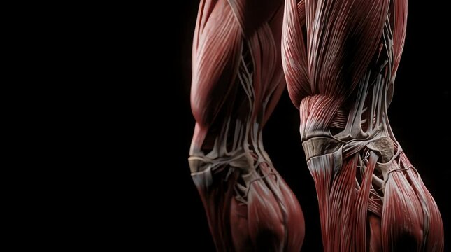 Detailed View of Human Muscular Anatomy Showing Muscle Fibers and Tendons in a Dark Studio Setting