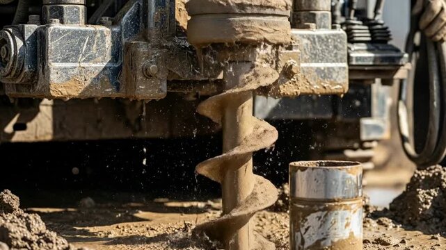 Closeup of water well drilling process with industrial equipment.