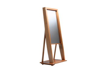 Sleek wooden cheval mirror with modern angular frame and bottom shelf on wheels, isolated on a transparent background