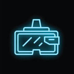 Blue neon sign representing a pair of vr glasses glowing in the dark