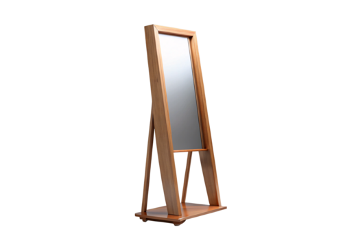Sleek wooden cheval mirror with modern angular frame and bottom shelf on wheels, isolated on a transparent background