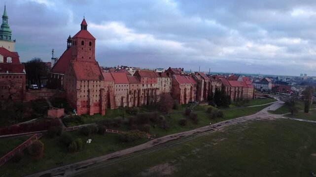 Aerial shot of Grudziadz Granaries landmark and Blonia Nadwislanska green area in Poland
