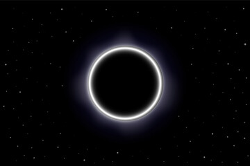 Fototapeta premium Abstract illustration of a black hole or solar eclipse in outer space with glowing corona ring and deep star filled cosmic background