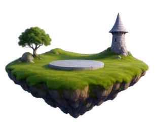 Floating island with a stone tower and a single tree on a grassy plateau with a circular platform fantasy isolated on a transparent background