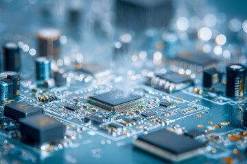 Fototapeta premium Electronic circuit board featuring a central microchip emitting visible heat vapor with surrounding components and intricate blue circuitry patterns