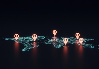 Digital map with glowing location markers indicating popular destinations and user interactions, emphasizing community exploration and discovery ,location ,technology ,map