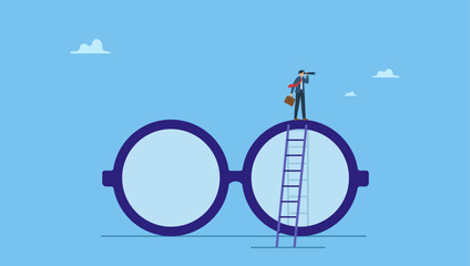 Businessman climb up big eyeglasses see vision on telescope. Clear business vision, clarity or transparency, discover way to success or looking for business opportunity, precision or accuracy.