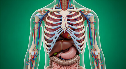 Human Internal Anatomy with Rib Cage and Organs on Green Background