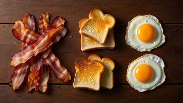 National Bacon Day Breakfast Flat Lay with Crispy Bacon, Sunny Side Eggs and Buttered Toast on Rustic Wood