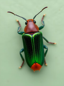 Soft-winged flower beetle - the malachite beetle (Malachius bipustulatus) with long body, the head and pronotum are brownish, elytrae are shining green with red spot at the end
