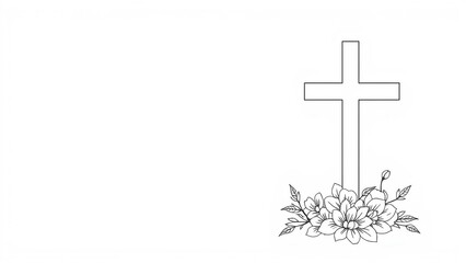 Minimalist funeral card design with a fine-line cross and flowers on the right side and large empty text space on the left. Calm and elegant.