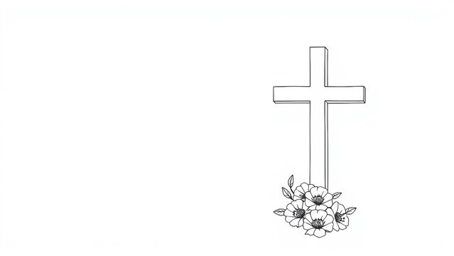 Minimalist funeral card design with a fine-line cross and flowers on the right side and large empty text space on the left. Calm and elegant.