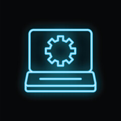Neon blue laptop showing gear configuration icon on black background, concept for software development or technical support