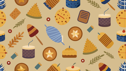 Festive holiday pattern with cookies, cakes, and candles on a beige background