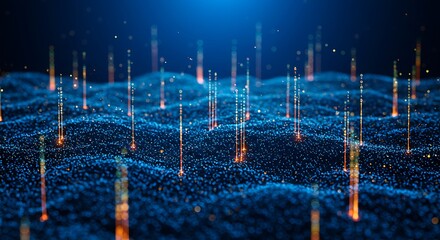Abstract digital data stream with glowing particles and light beams rising from a textured surface in a dark blue environment