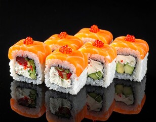 Freshly prepared Japanese sushi rolls with salmon, caviar, and vegetables, on a reflective black surface