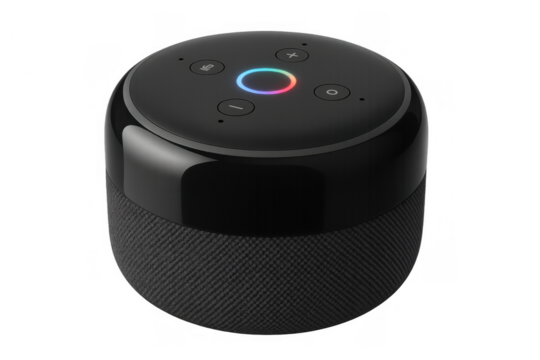 Smart speaker offering voice assistance and home automation features with interactive multicolored light ring, transparent background