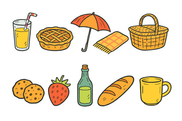 Picnic, food outline icon set. Summer picnic essentials outlined vector illustrations