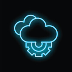 Blue neon cloud computing icon with gear representing cloud configuration glowing on a black background