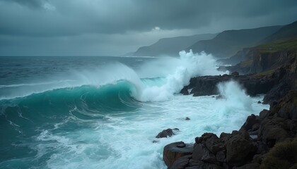 Crashing ocean waves hit rocky shore under stormy sky. Powerful turquoise water surges onto dark cliffs with sea spray. Dramatic coastal scene with vast water expanse and rugged coastline.