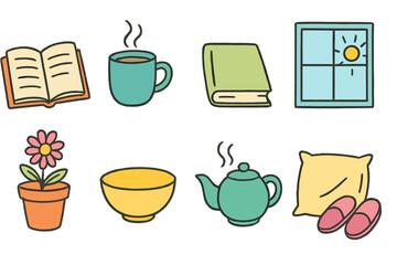 Home and relaxation icon set. Cozy, everyday objects outlined collection.