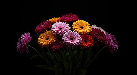 Dramatic bouquet of colorful blooming flowers isolated against a deep black studio background, perfect for moody design projects ,colorful ,purple ,delicate