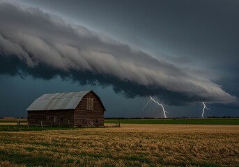 Dramatic agricultural landscape featuring a weathered wooden barn contrasted sharply by threatening thunderheads and heavy, dark storm clouds ,stormy ,wood ,structure