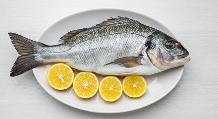Freshly prepared whole fish served on a white plate with lemon wedges