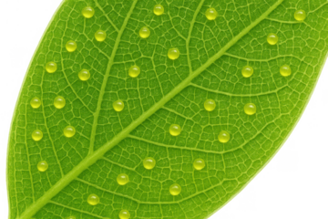 Green leaf with water drops on veins and surface, fresh nature and growth concept with transparent background