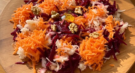 Freshly prepared vibrant salad with grated carrots, beets, and walnuts, on wooden plate