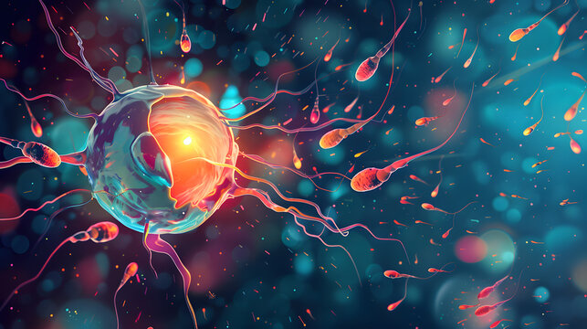 A 3D illustration showing the fertilization process as sperm meets egg, symbolizing the creation of new life.