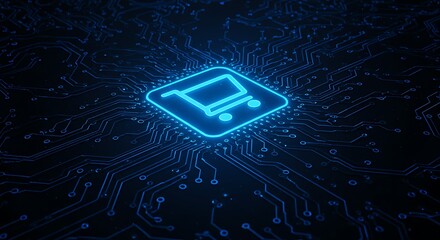 Digital shopping cart icon glowing on a futuristic blue circuit board, representing ecommerce and online transactions
